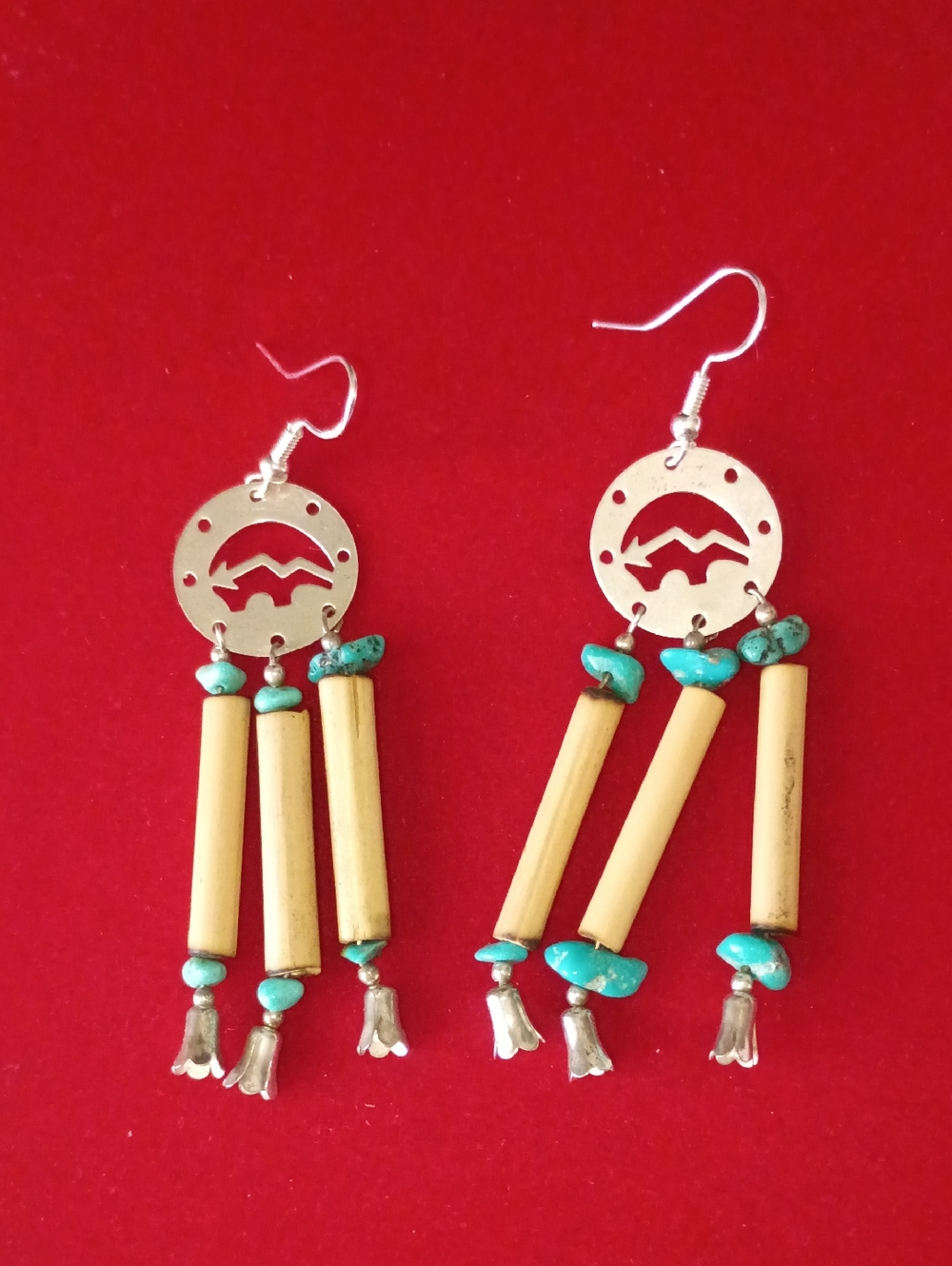 Native American Earrings  Silver Pllated Buffalo, Tulip And Turquoise Beads - Picture 8 of 11